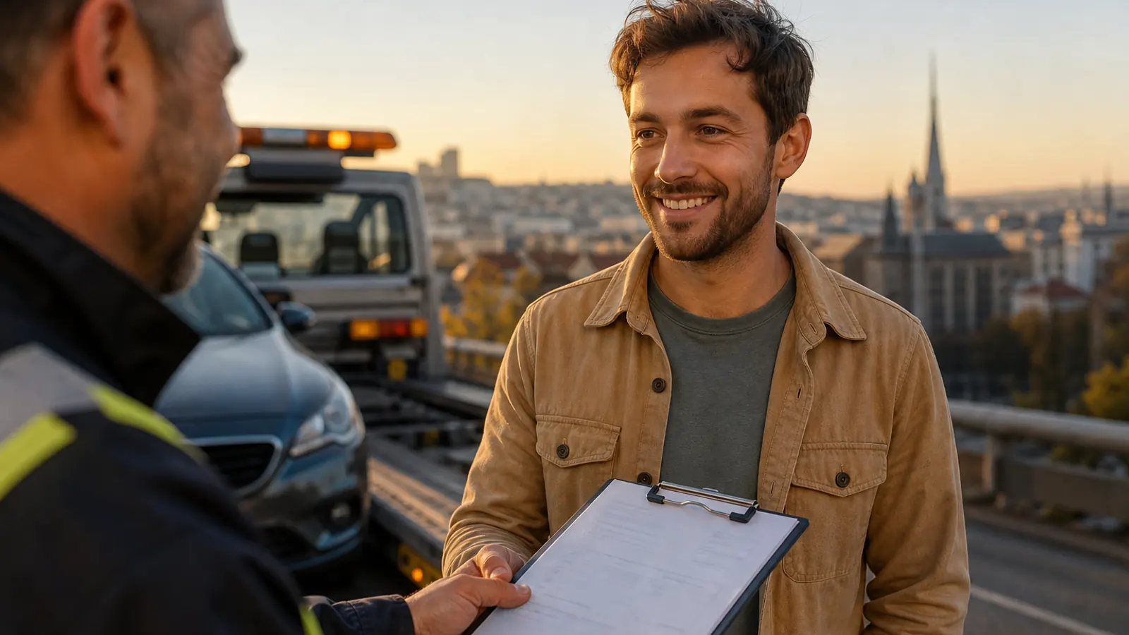 Client soulagé après un dépannage automobile Lyon avec devis transparent