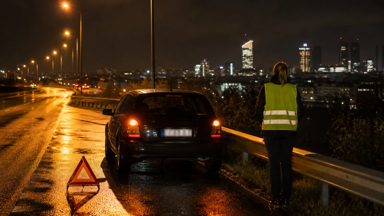 Conducteur sécurisant une panne pour un dépannage automobile Lyon de nuit