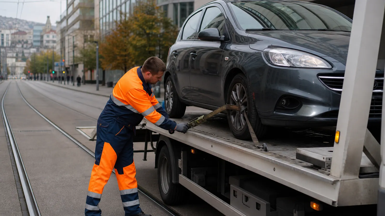 Plateau de remorquage Lyon chargeant une voiture en zone urbaine