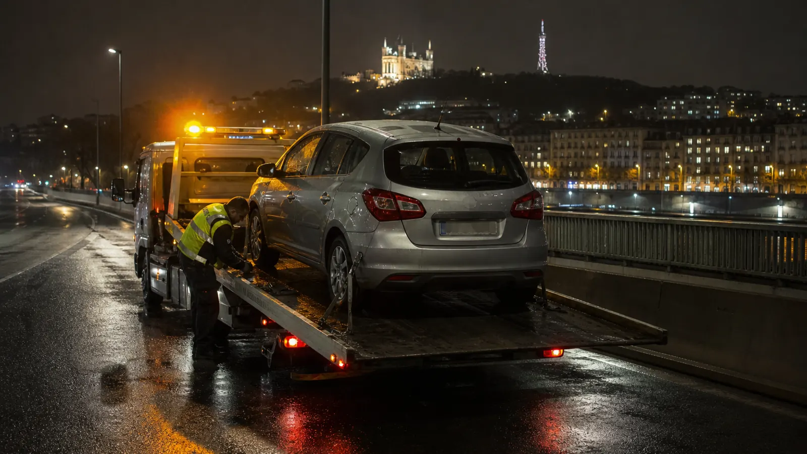 Remorquage Lyon de nuit sur voie rapide avec dépanneuse plateau