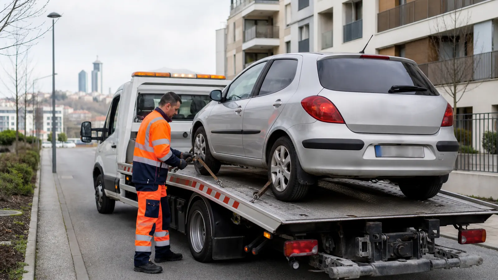 Plateau de remorquage Lyon chargeant une voiture en zone urbaine