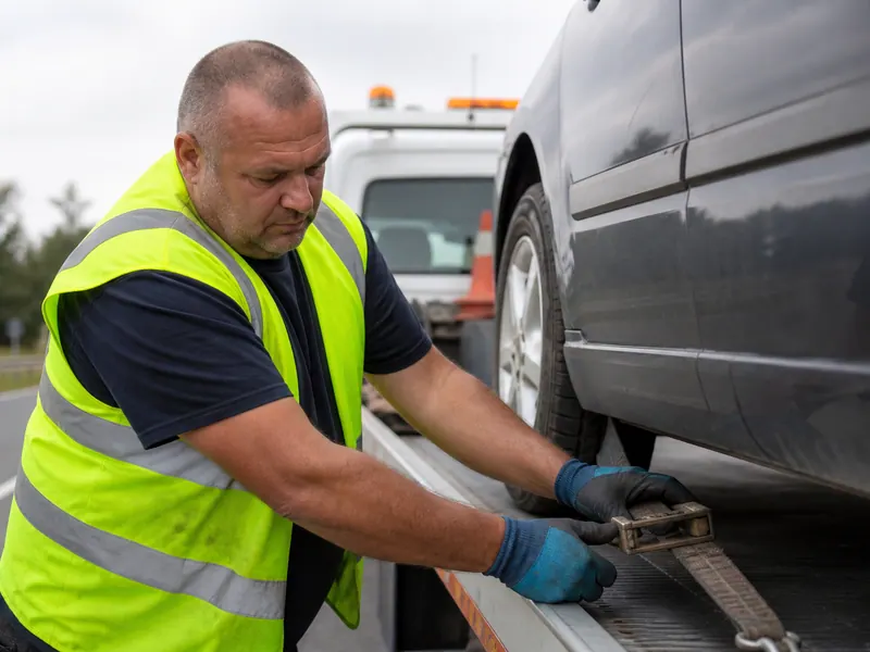 Technicien sécurisant le véhicule sur place